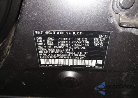 2022 Honda Hr-V Awd Ex from USA, damaged, VIN 3CZRU6H52NM754093